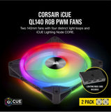 CORSAIR QL140 RGB Dual Fan Kit with Lighting Node Core, ICUE, Anti Vibration, Low-Noise 140 mm Fan Blade, RGB LED PWM Fan 26dBA, 502 CFM, 2 Fan Pack