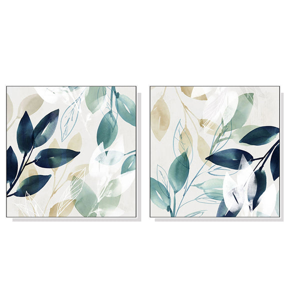 Wall Art 80cmx80cm Watercolour style leaves 2 Sets White Frame Canvas