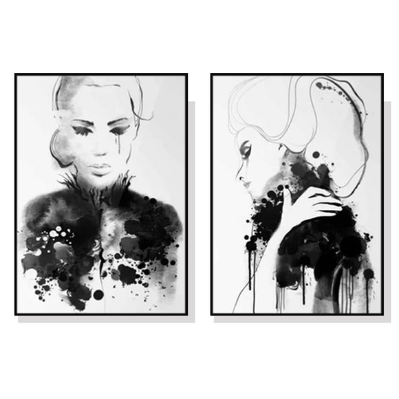 Wall Art 70cmx100cm Watercolor Sketch 2 Sets Black Frame Canvas