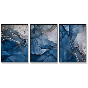 Wall Art 70cmx100cm Blue Gold Marble 3 Sets Black Frame Canvas