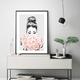 Wall Art 70cmx100cm Roses Girl Black Frame Canvas