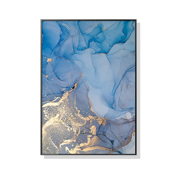 Wall Art 50cmx70cm Light Blue Marble With Gold Splash Black Frame Canvas