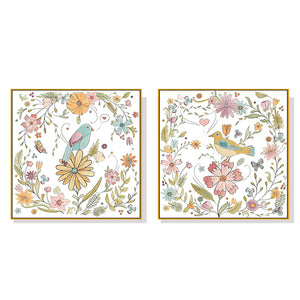 Wall Art 90cmx90cm Floral birds 2 Sets Gold Frame Canvas