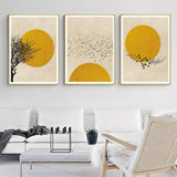 Wall Art 70cmx100cm Flock Of Birds Sun Silhouette 3 Sets Gold Frame Canvas