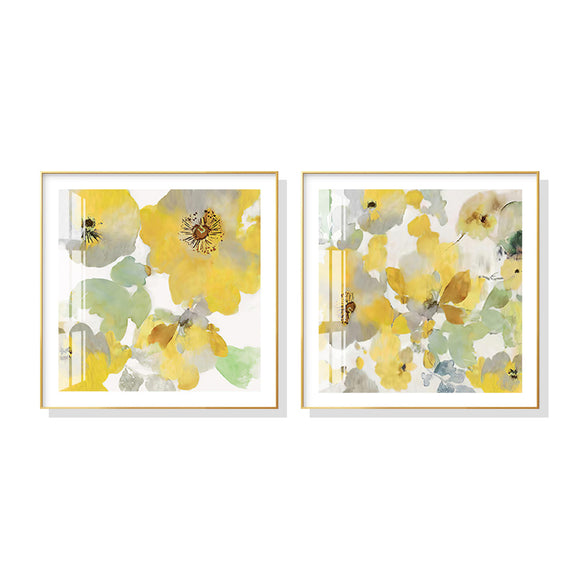 Wall Art 50cmx50cm Yellow Flowers American Style 2 Sets Gold Frame Canvas