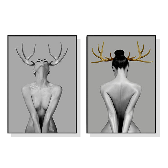 Wall Art 50cmx70cm Girl With Gold Horn 2 Sets Black Frame Canvas