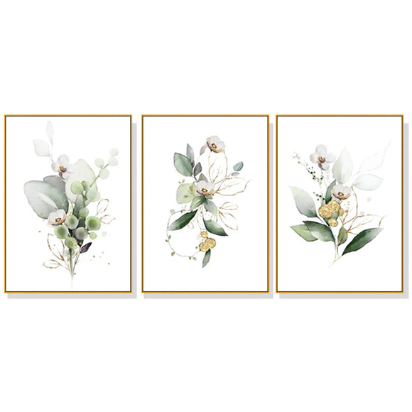 Wall Art 50cmx70cm Green and Gold Watercolor Botanical 3 Sets Gold Frame Canvas