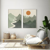 Wall Art 90cmx135cm Sage Green River Mountain 2 Sets White Frame Canvas