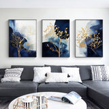 Wall Art 50cmx70cm Navy and Gold Watercolor Shapes 3 Sets Black Frame Canvas