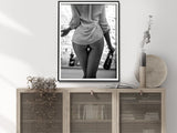 Wall Art 70cmx100cm Woman Drinking Wine , Black and White, Black Frame Canvas