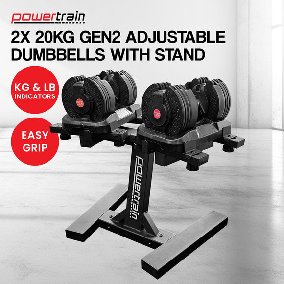 Powertrain Gen2 Adjustable Dumbbell Set With Pro Stand- 2 X 20kg (40kg)