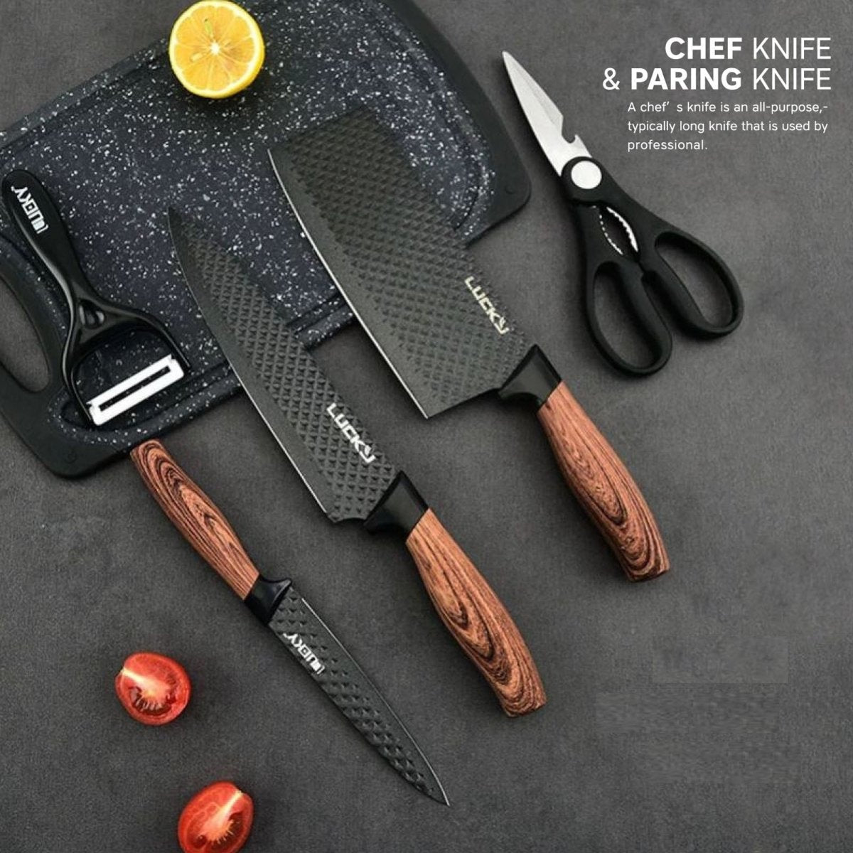 6 pieces Kitchen Knife Set Everich Chef Knives Stainless Steel Nonstick Scissor Cutting Board