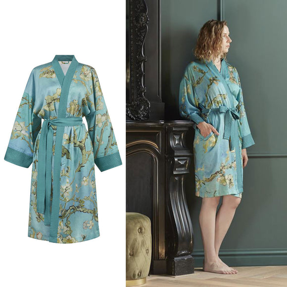 Bathrobe  Almond Blossom Blue Kimono Bath Robe-Large/Extra Large