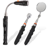 3Pc Magnetic Pick Up Tool Swivel Inspection Mirror Flexible Telescope LED Light