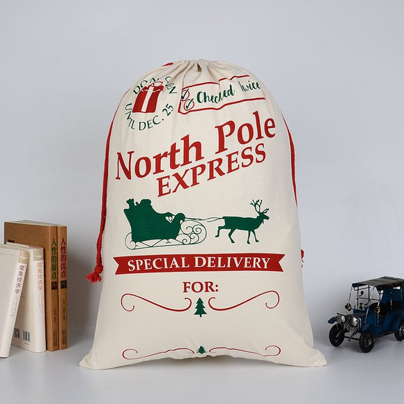 Christmas Santa Sack Xmas Stocking 50x70cm Canvas Hessian Cream - North Pole Express