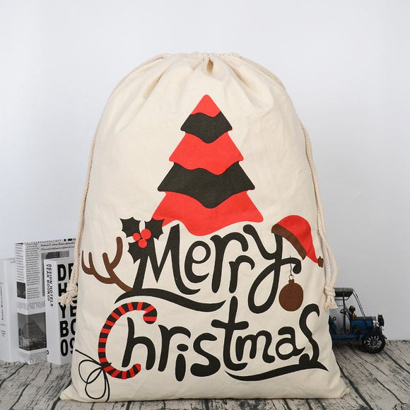 Christmas Santa Sack Xmas Stocking 50x70cm Canvas Hessian Cream - Christmas Tree