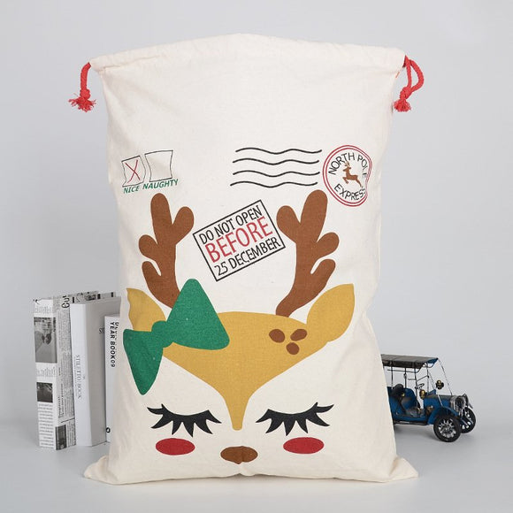 Christmas Santa Sack Xmas Stocking 50x70cm Canvas Hessian Cream - Reindeer Girl Makeup