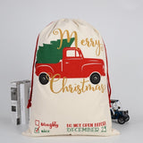 Christmas Santa Sack Xmas Stocking 50x70cm Canvas Hessian Cream - Tree In Truck