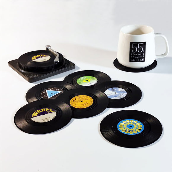 6x Creative Vinyl Record Cup Coasters w Holder Glass Drink Tableware Home Décor, B w/ Record Player Holder