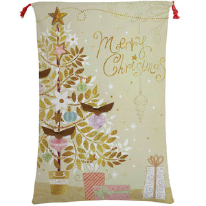 Christmas Santa Sack Xmas Stocking 50x70cm Canvas Hessian Merry Christmas Golden Tree