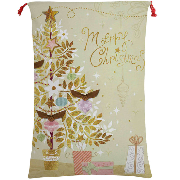 Christmas Santa Sack Xmas Stocking 50x70cm Canvas Hessian Merry Christmas Golden Tree