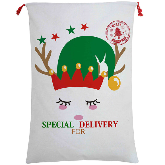 Christmas Santa Sack Xmas Stocking 50x70cm Canvas Hessian Cream - Cute Reindeer Delivery