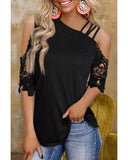 Azura Exchange Lace Splicing Strappy Cold Shoulder Top - S