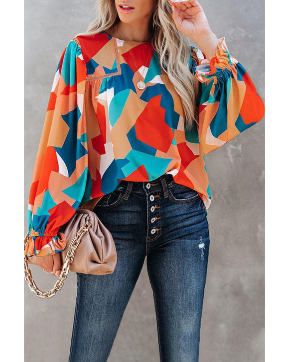 Azura Exchange Abstract Pattern Ruffled Puff Sleeve Blouse - M