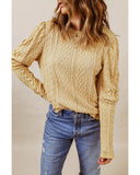 Azura Exchange Puffy Sleeve Khaki Textured Knit Top - M