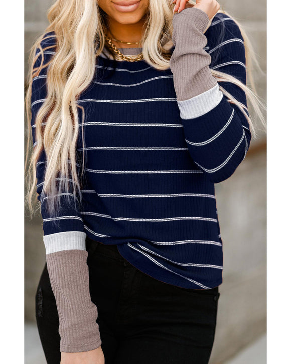 Azura Exchange Color Block Cuffs Rib Knit Striped Pullover - M