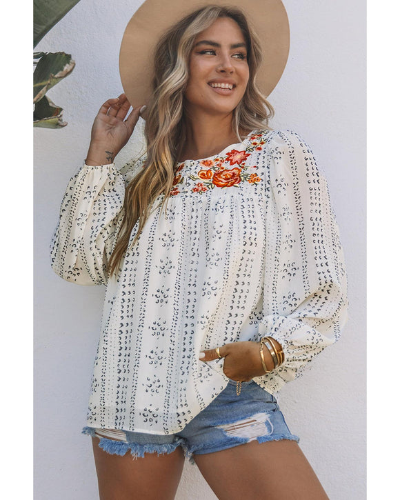 Azura Exchange Long Sleeve Embroidered Print Blouse - M