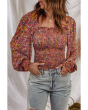 Azura Exchange Smocked Floral Print Long Sleeve Top - 2XL