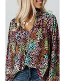 Azura Exchange Vibrant Floral Tie V Neck Puff Sleeve Blouse - S