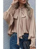 Azura Exchange Khaki Frilled Knotted Blouse with Bishop Sleeves - S