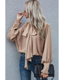 Azura Exchange Khaki Frilled Knotted Blouse with Bishop Sleeves - S