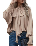 Azura Exchange Khaki Frilled Knotted Blouse with Bishop Sleeves - S