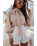 Azura Exchange Khaki Frilled Knotted Blouse with Bishop Sleeves - S