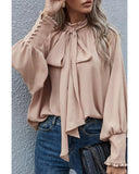 Azura Exchange Khaki Frilled Knotted Blouse with Bishop Sleeves - S