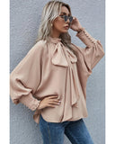 Azura Exchange Khaki Frilled Knotted Blouse with Bishop Sleeves - XL