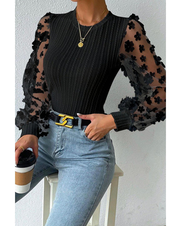 Azura Exchange Textured Knit Blouse with Floral Applique Mesh Sleeves - XL