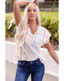 Azura Exchange Striped Tiered Cap Sleeve Blouse - L