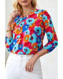 Azura Exchange V Neck 3/4 Sleeve Floral Print Blouse - M