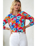 Azura Exchange V Neck 3/4 Sleeve Floral Print Blouse - M