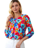 Azura Exchange V Neck 3/4 Sleeve Floral Print Blouse - M