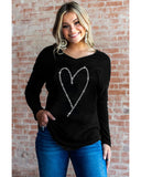 Azura Exchange Heart Shaped V Neck Long Sleeve Top with Rhinestone Embellishment - S