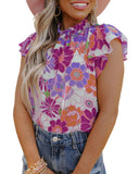 Azura Exchange Flutter Sleeves Floral Top with Stand Collar - L