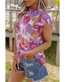 Azura Exchange Flutter Sleeves Floral Top with Stand Collar - L