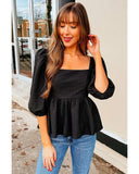 Azura Exchange Textured Square Neck Puff Sleeve Peplum Blouse - L