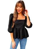 Azura Exchange Textured Square Neck Puff Sleeve Peplum Blouse - S