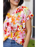 Azura Exchange Floral Print V Neck Short Sleeves Top - L